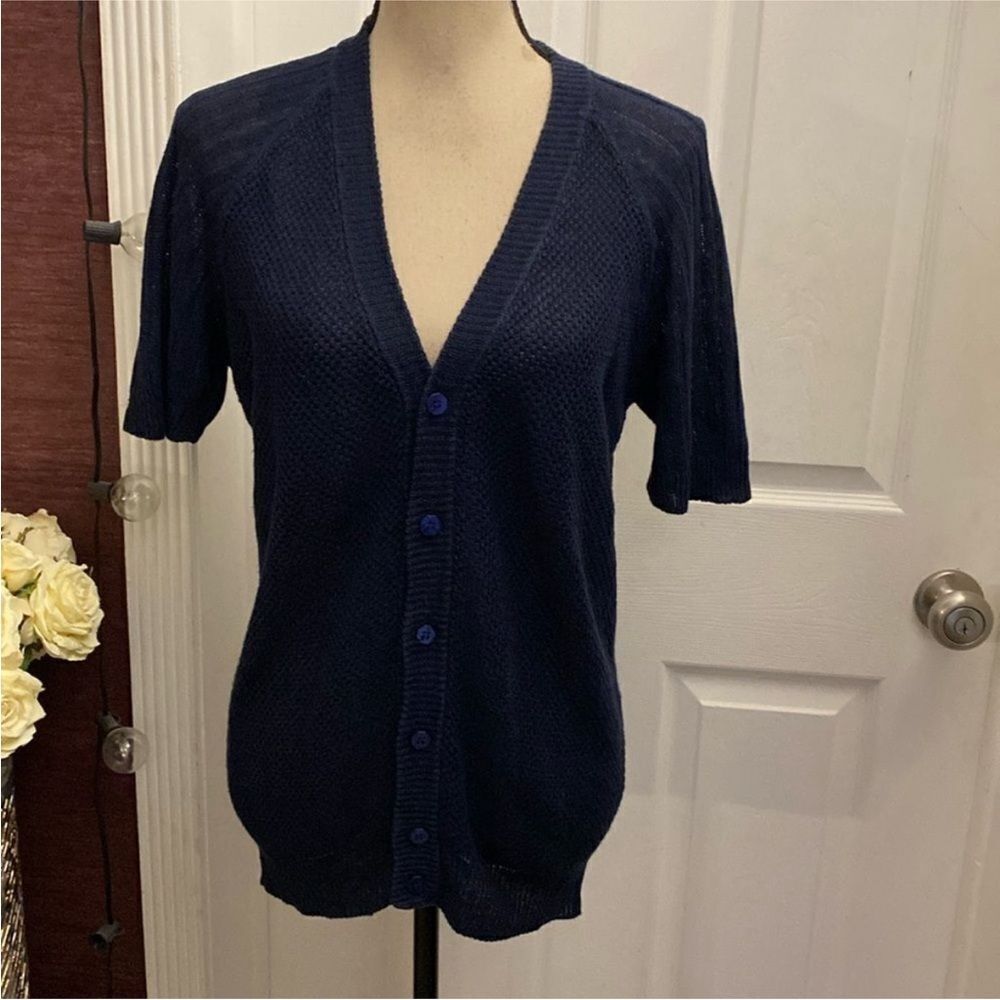 100% Capri navy blue 100% linen short sleeve cardigan, S